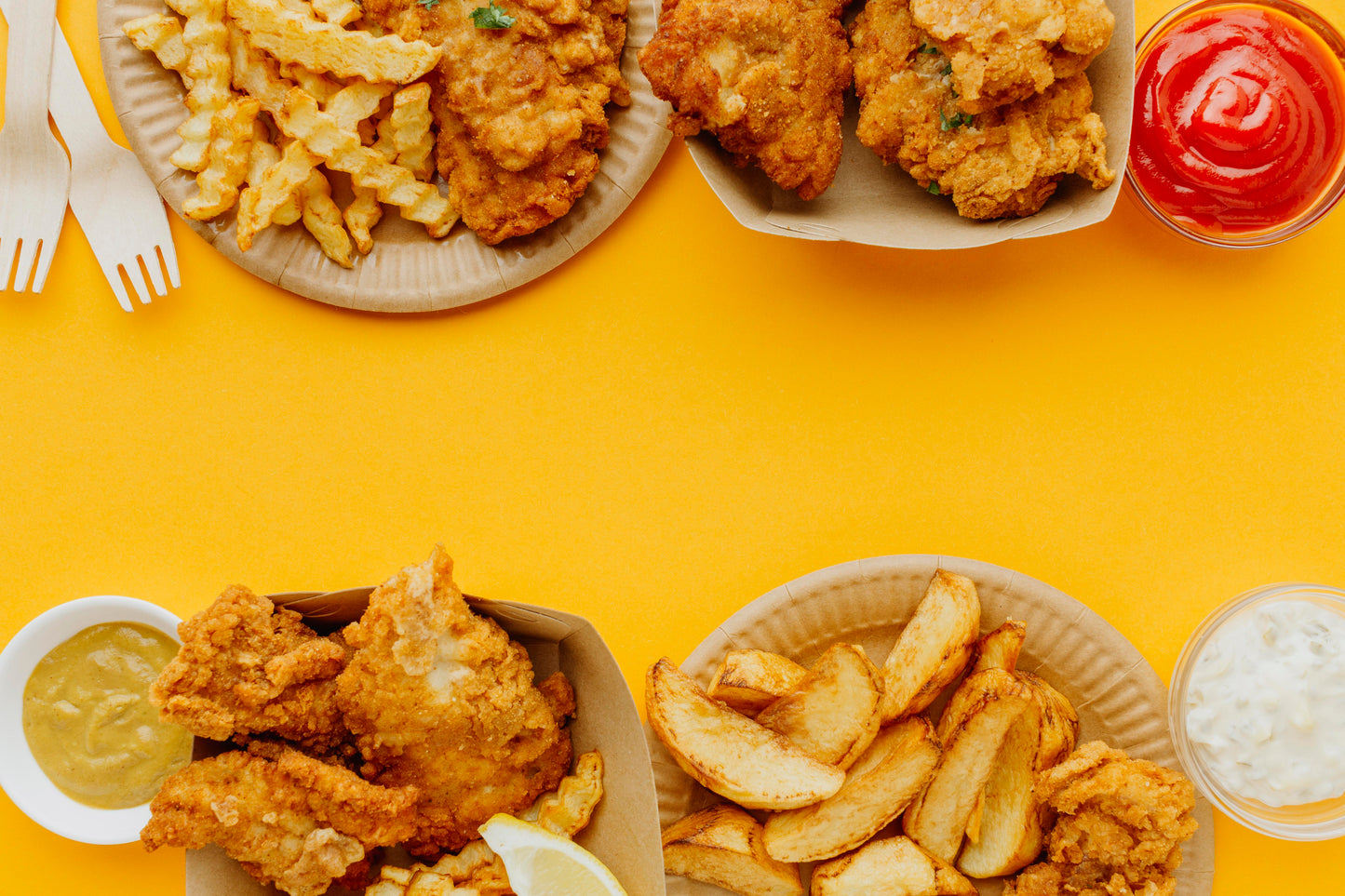 a group of plates of fried food